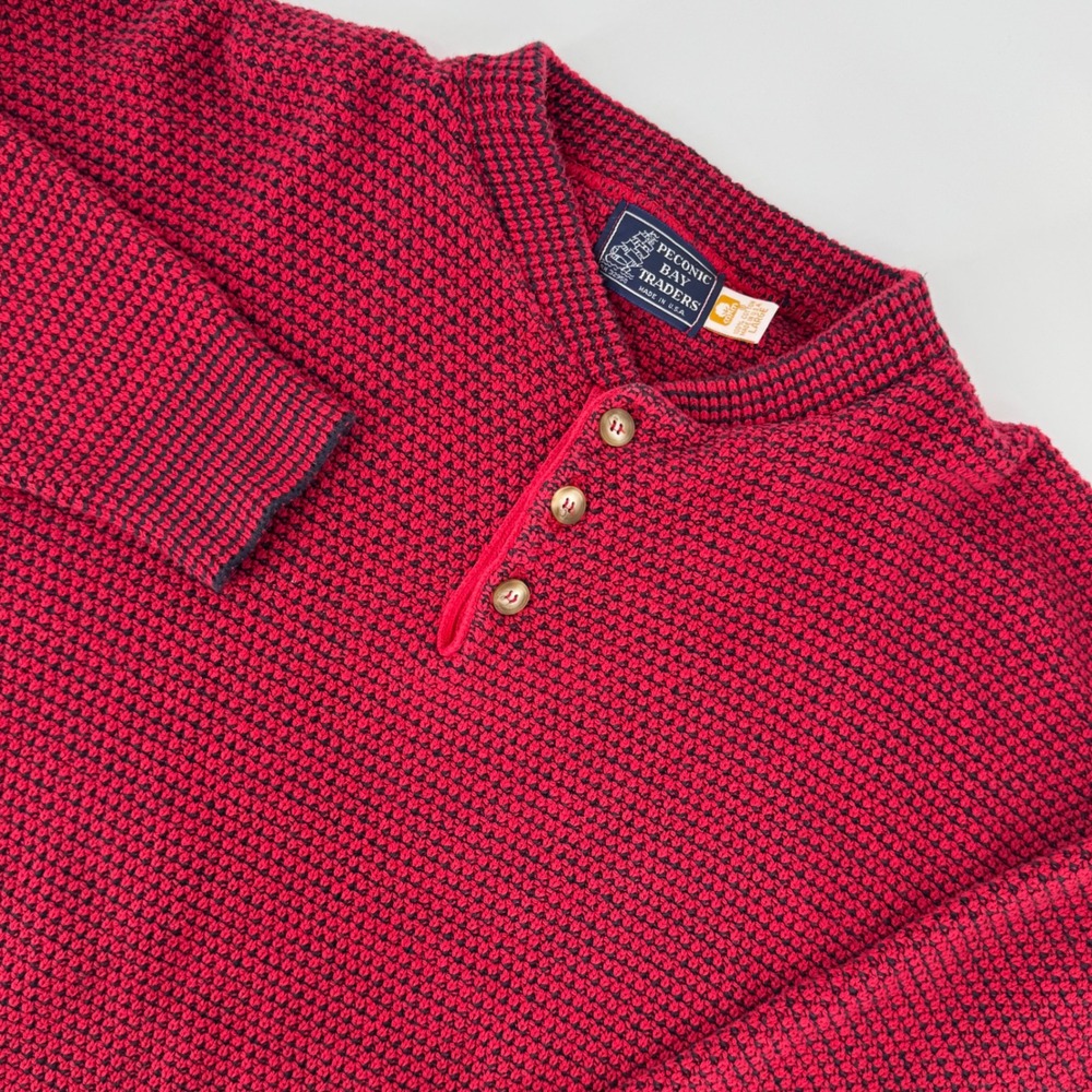 Peconic‎ Bay Traders Men's Large Red Chunky Knit Henley Sweater Made USA